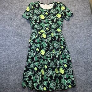 LuLaRoe Nicole Dress Womens Large Green Yellow Floral Fit Flare Pocket Mod Retro
